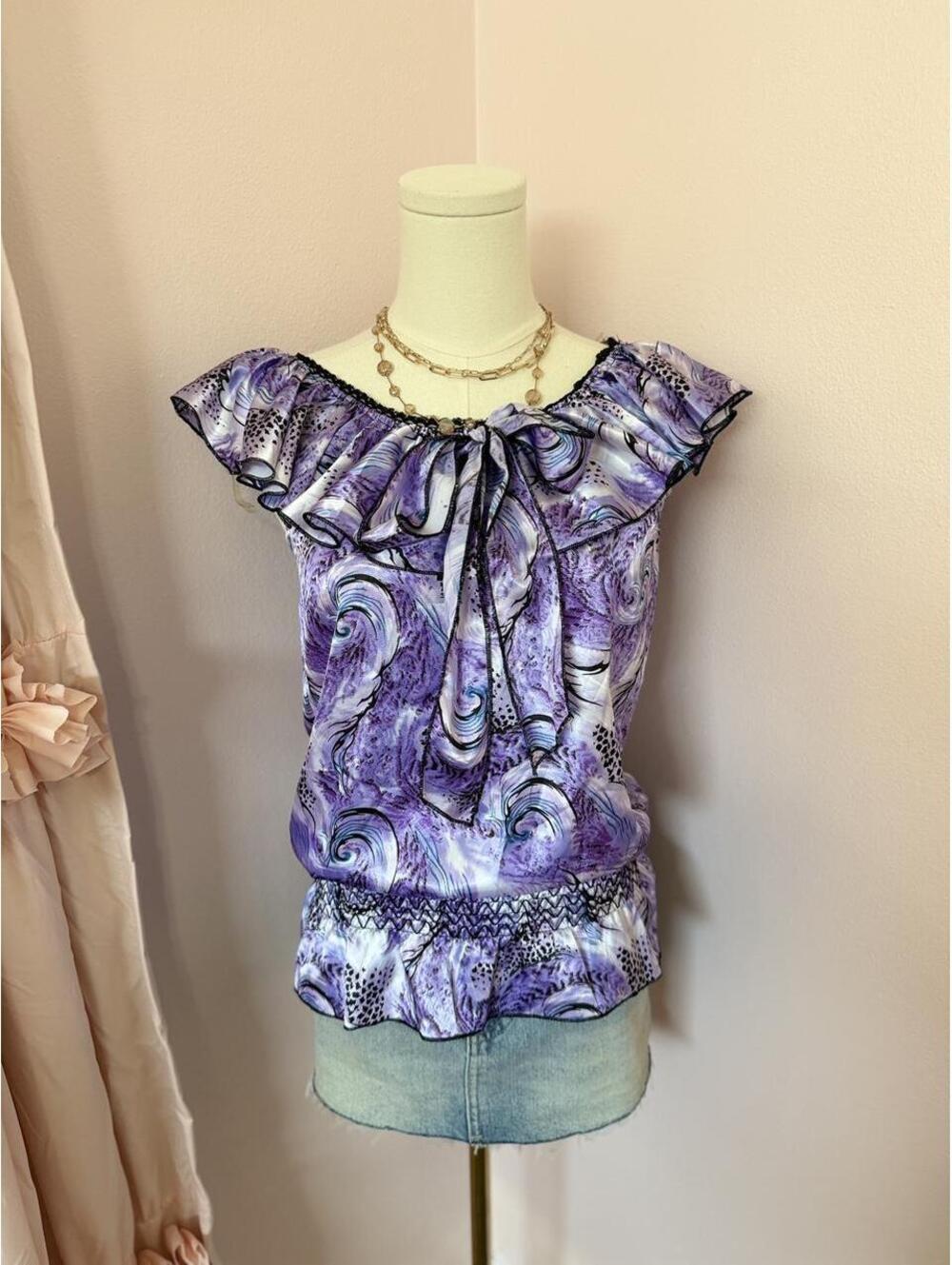Y2K Purple Abstract Ruffle Bow Smocked Waist Blouse